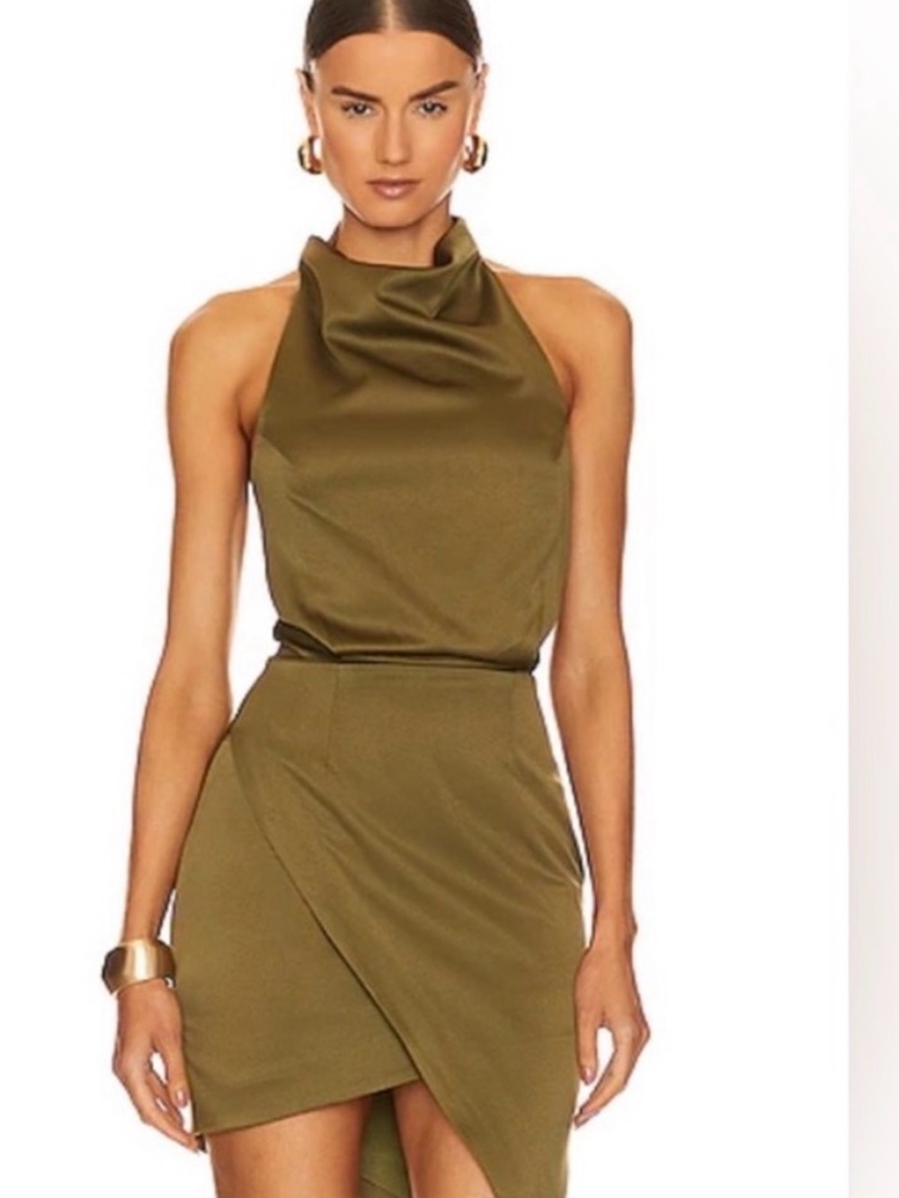 Elliatt Olive One-Shoulder Satin Asymmetric Dress